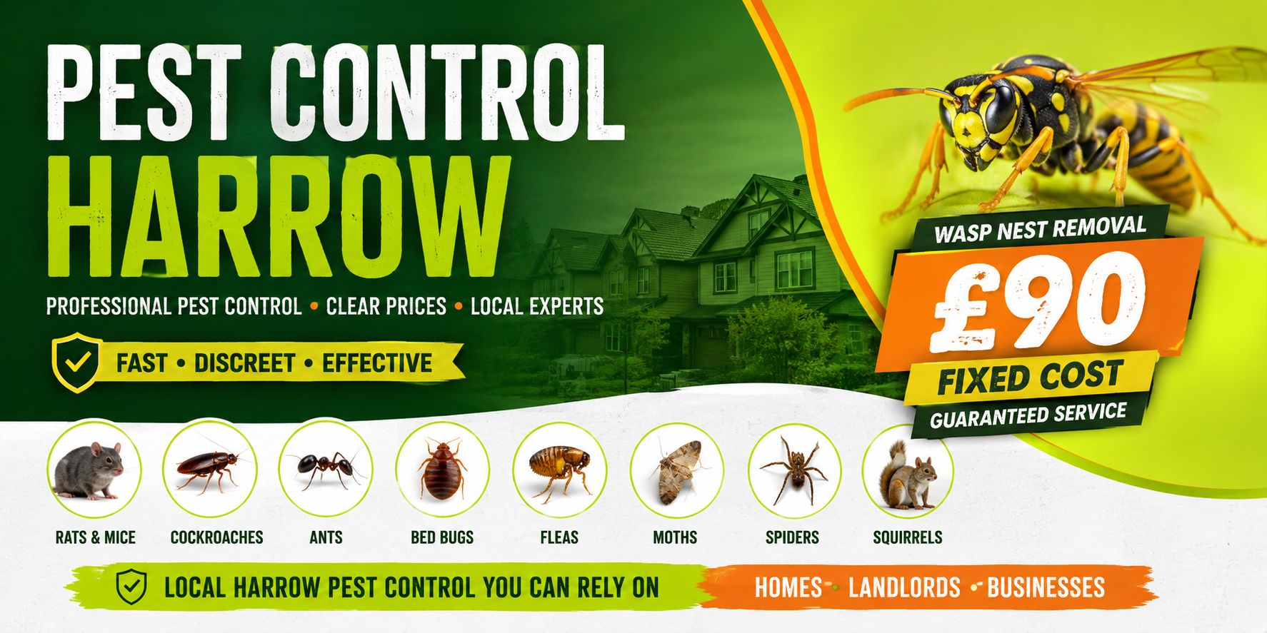 Pest Control Harrow — professional pest control for rats, mice, cockroaches, ants, bed bugs, fleas, moths, spiders and squirrels. Wasp nest removal £90 fixed cost.